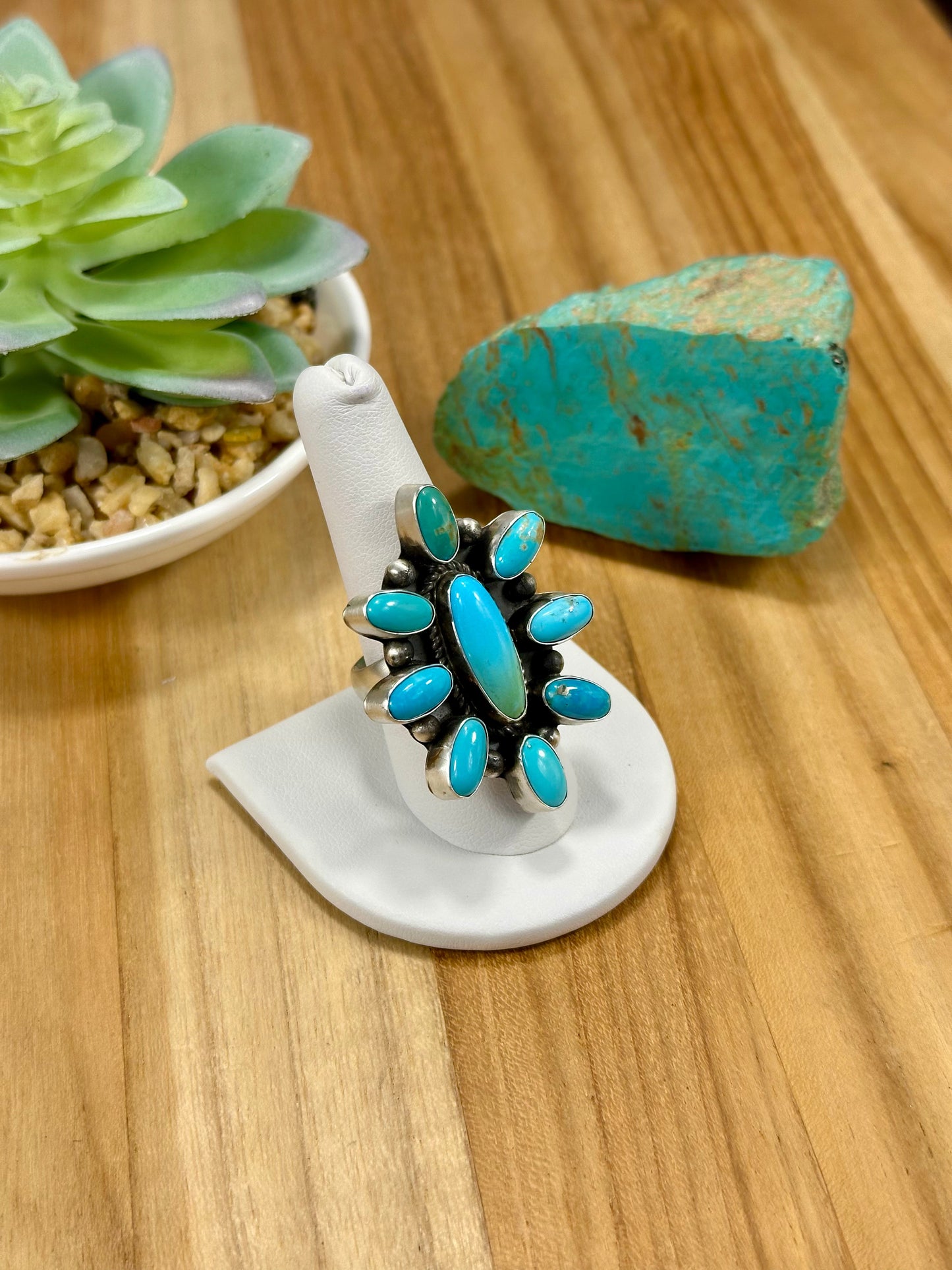 Kingman Turquoise Floral Cluster Sterling Silver Ring