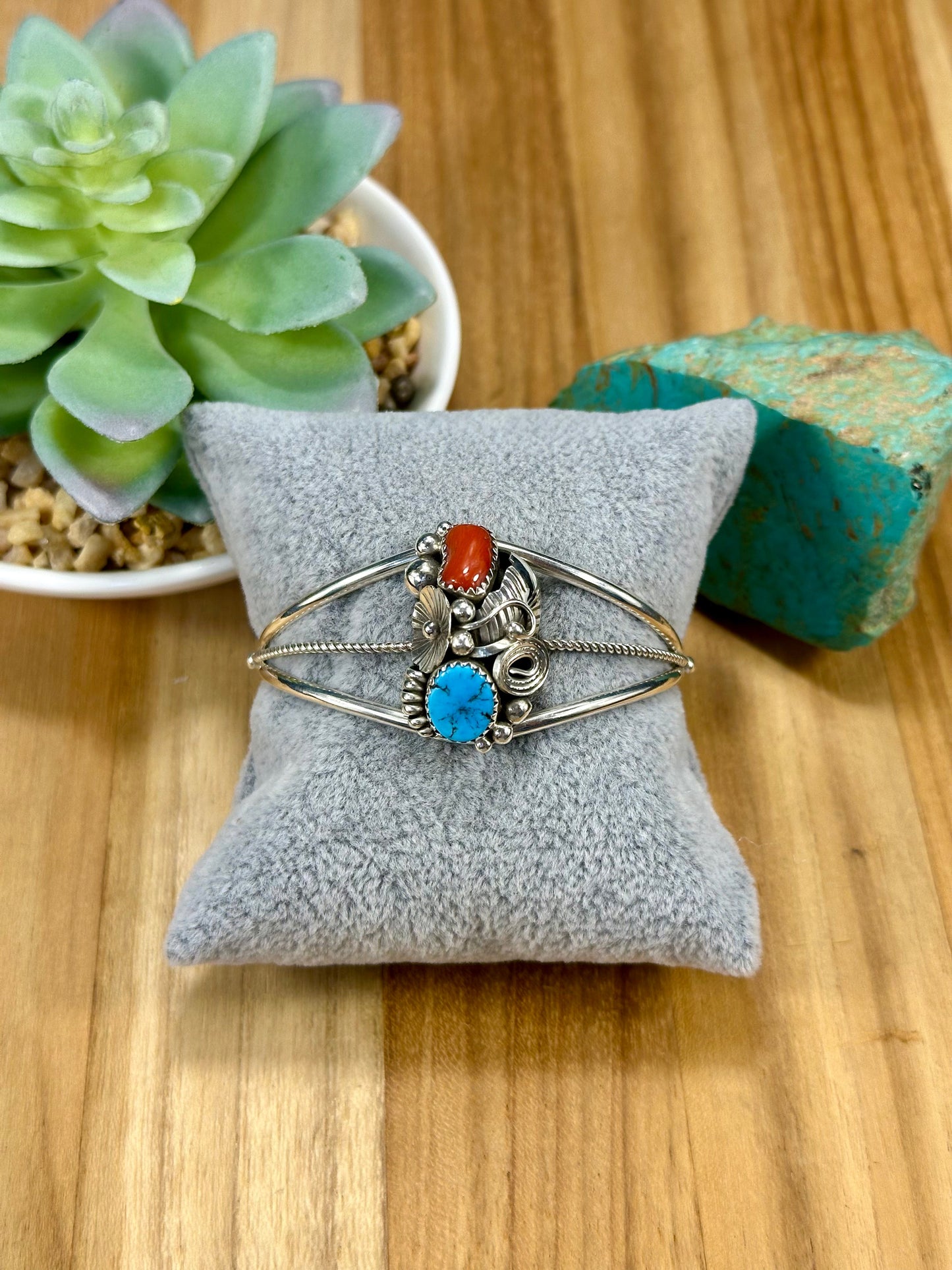 Kingman Turquoise & Coral Sterling Silver Cuff Bracelet