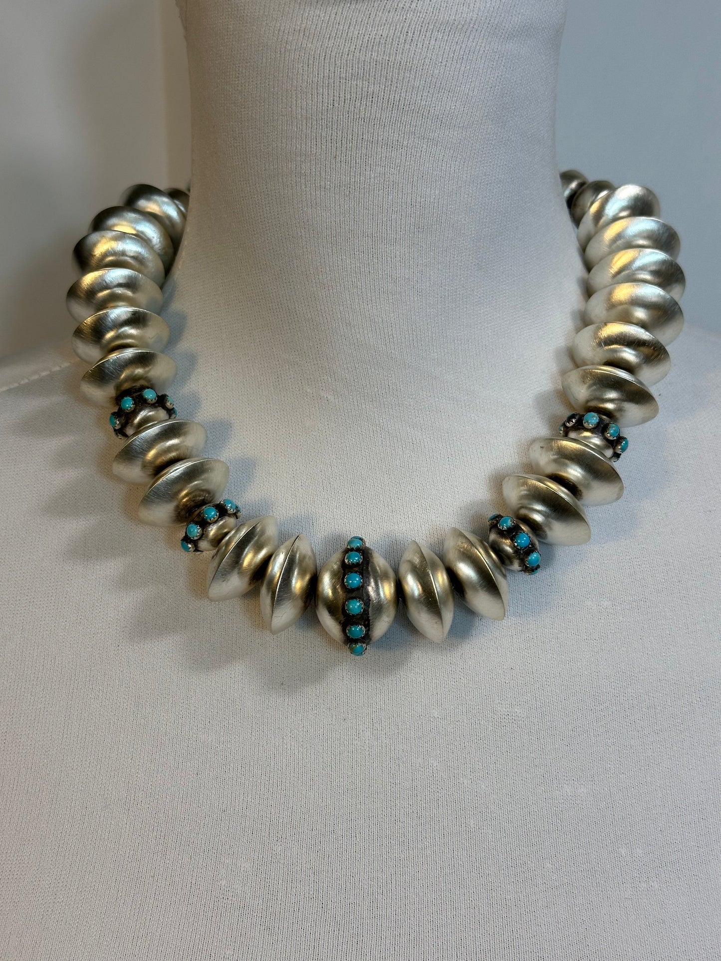 Handmade Sterling Silver Navajo Pearl Kingman Turquoise Necklace