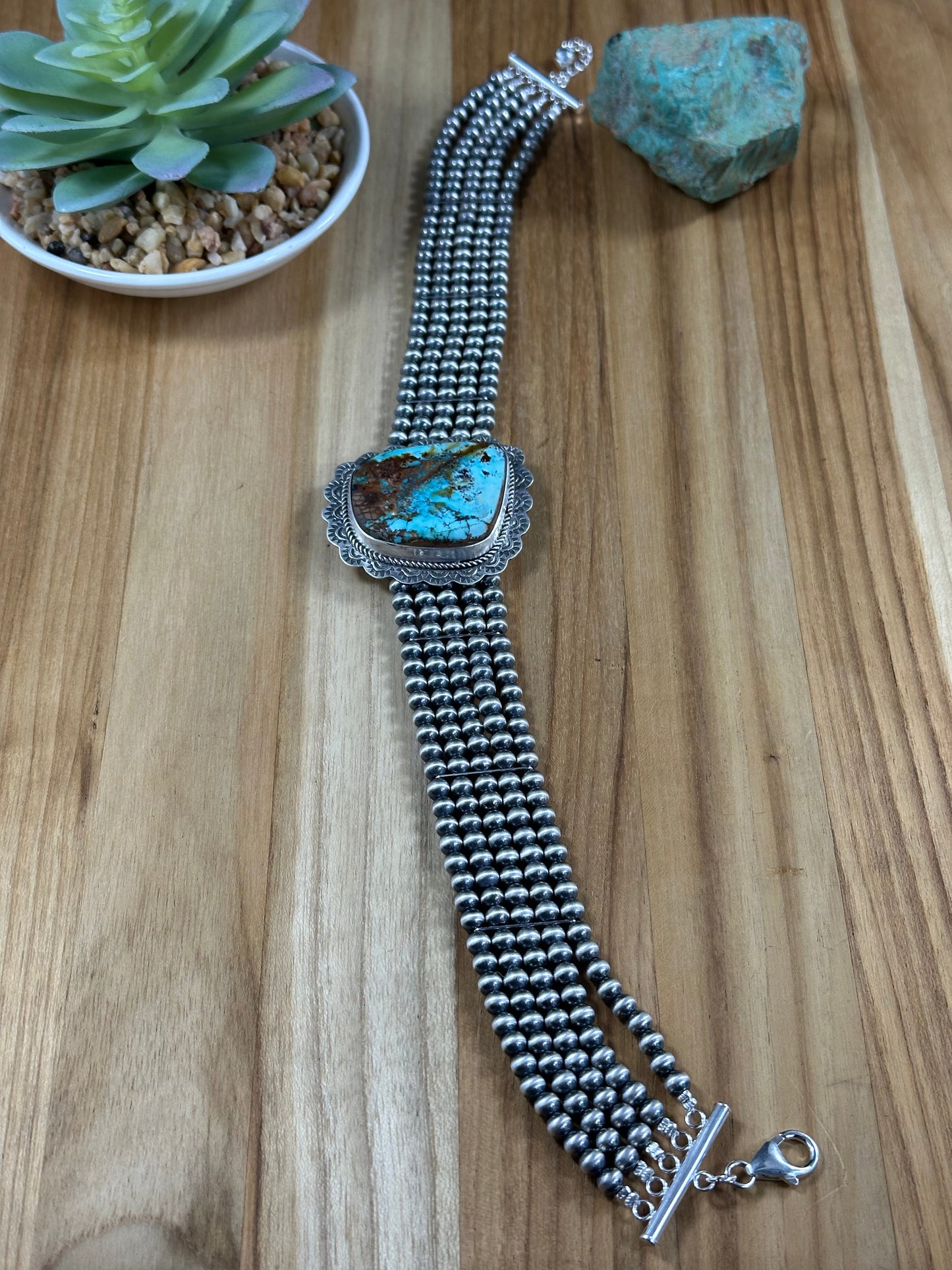 Single Stone 5 Strand Kingman Turquoise And Navajo Pearls Choker