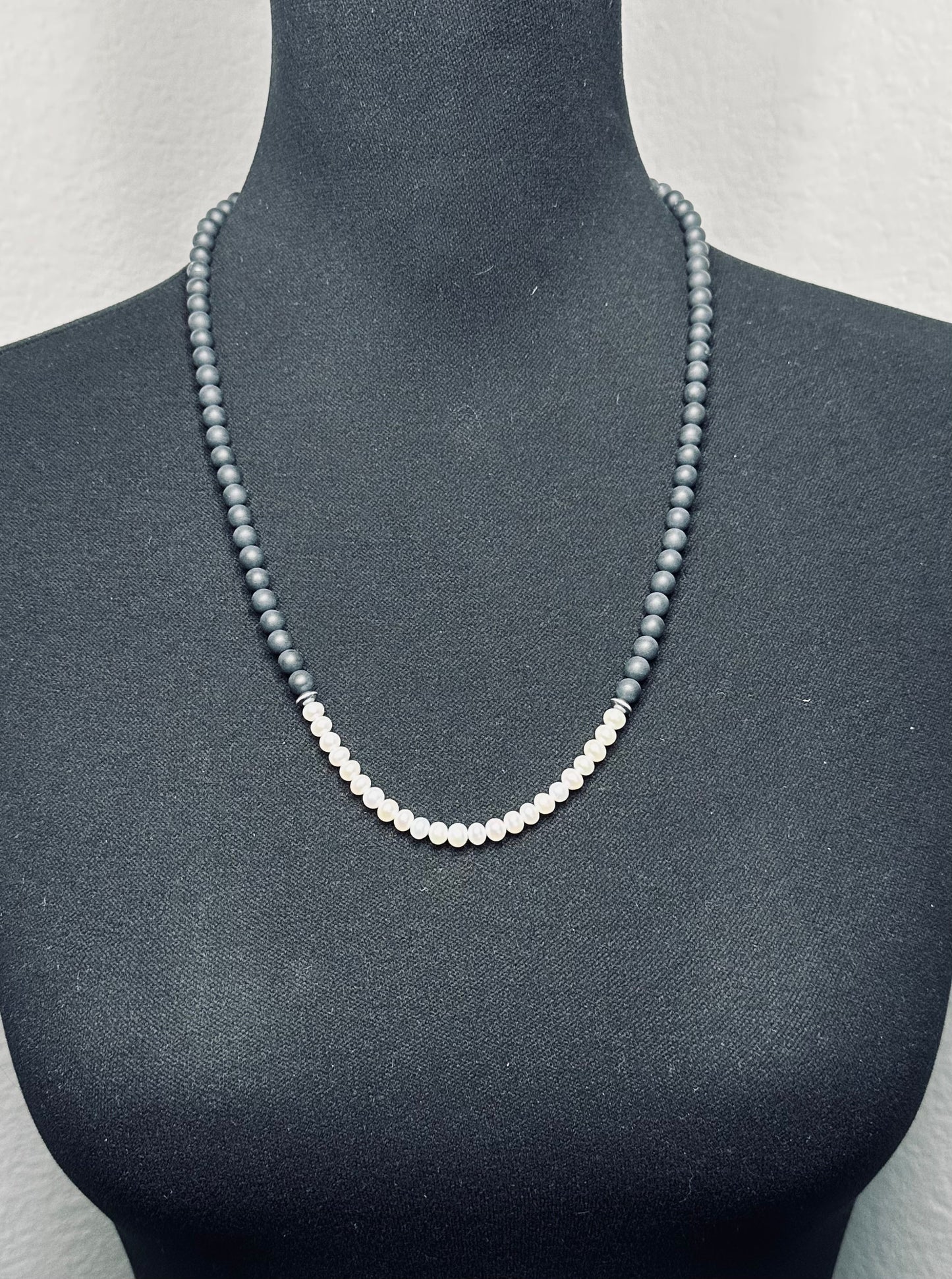 24 inch Matte Onyx Beads and Freshwater Pearls Necklace