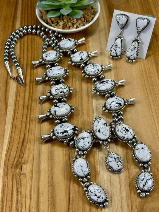 White Buffalo Squash Blossom Necklace & Earring Set