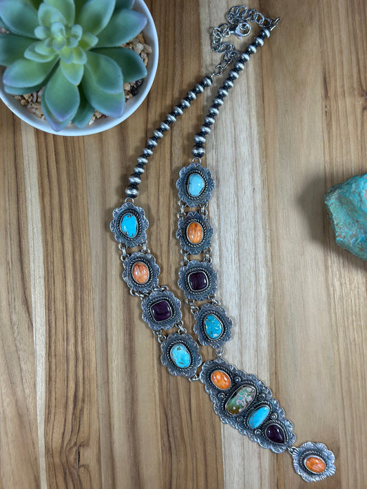 Multi Stone Cluster Sterling Silver Lariat Necklace