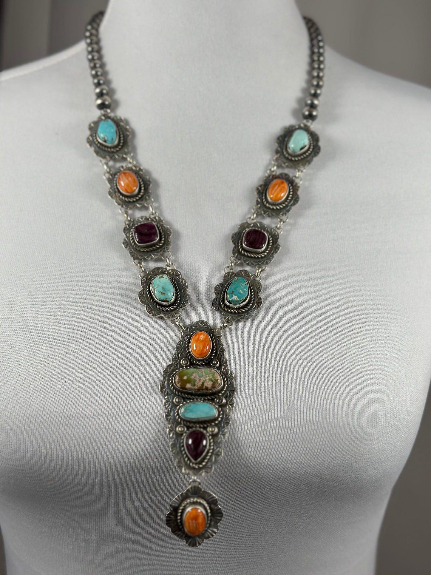 Multi Stone Cluster Sterling Silver Lariat Necklace