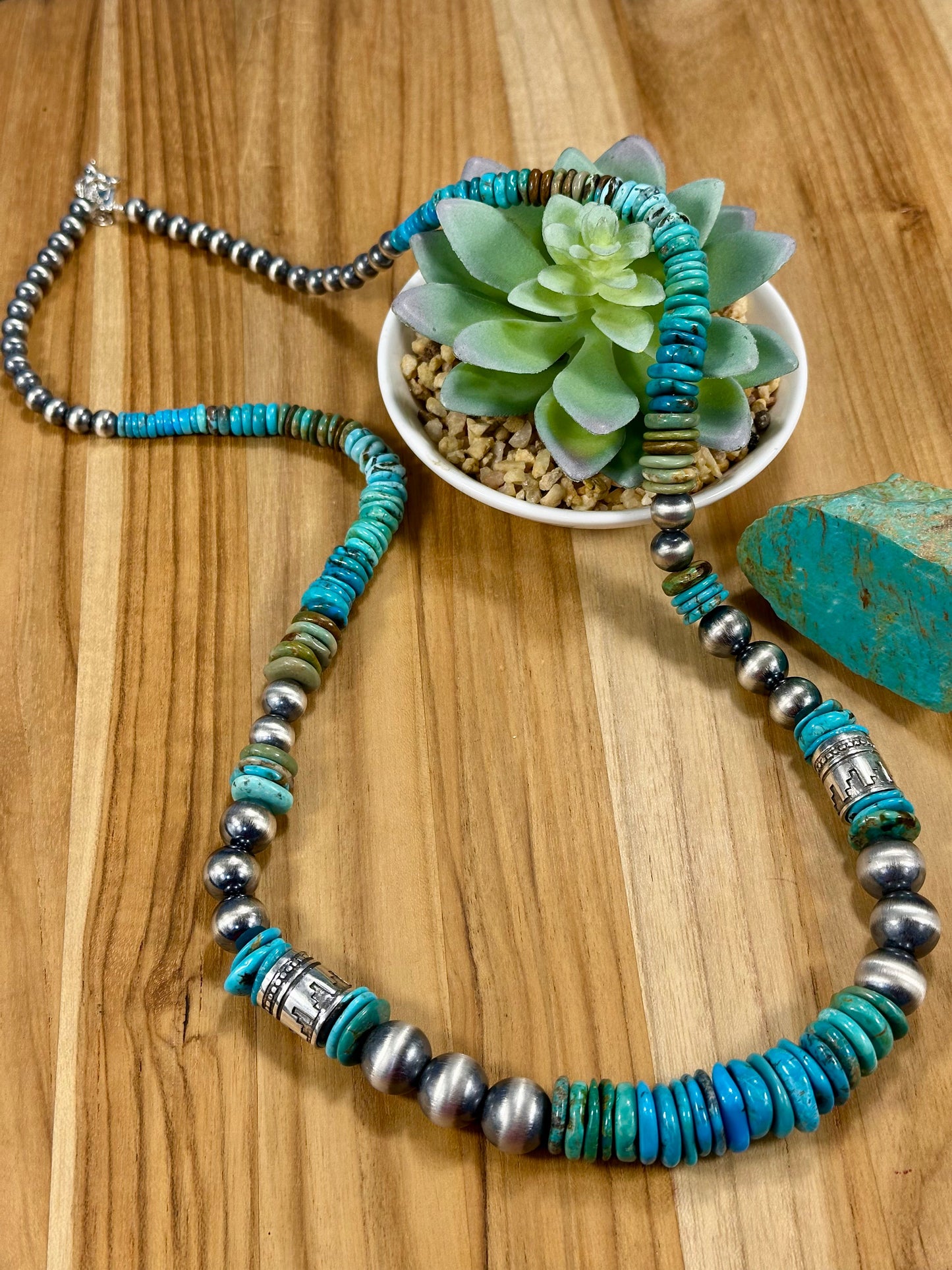 Kingman Turquoise Disc & Sterling Pearl Necklace