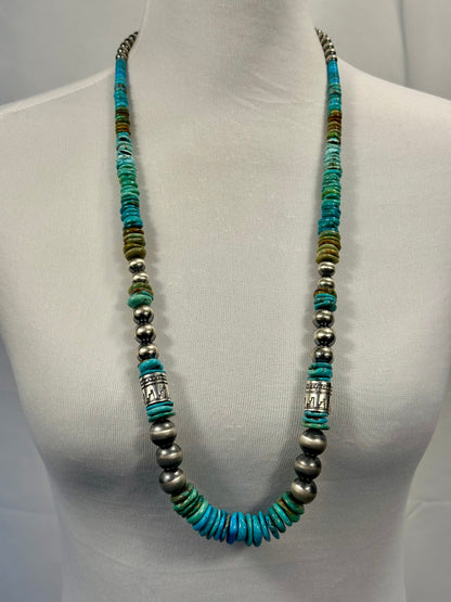 Kingman Turquoise Disc & Sterling Pearl Necklace