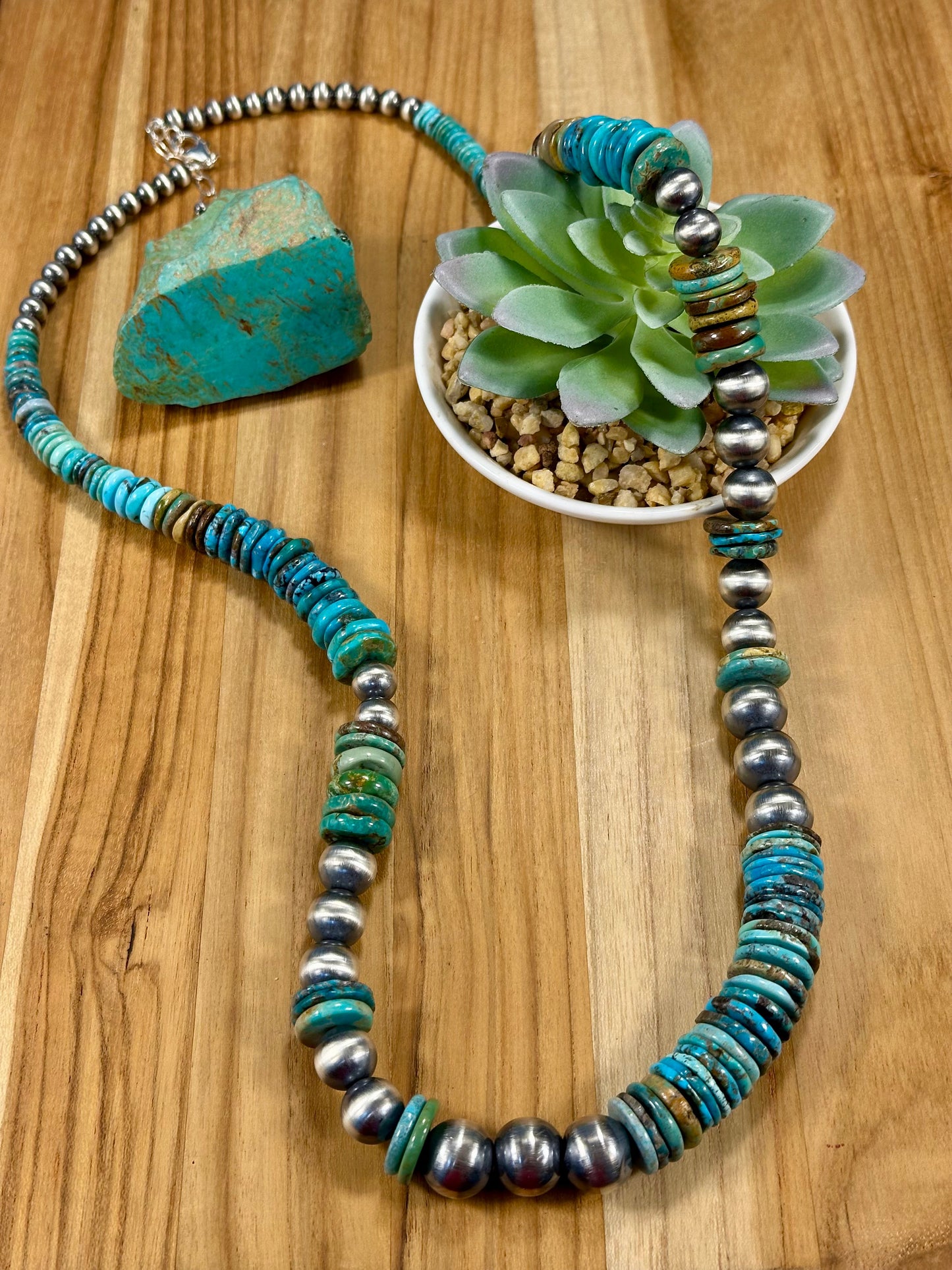 Kingman Turquoise Disc & Sterling Pearl Necklace