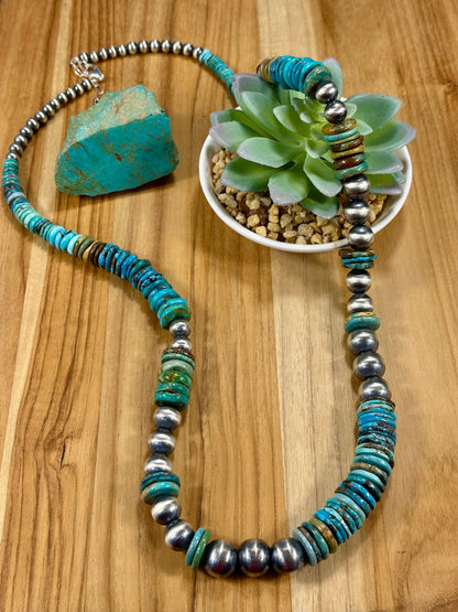 Kingman Turquoise Disc & Sterling Pearl Necklace