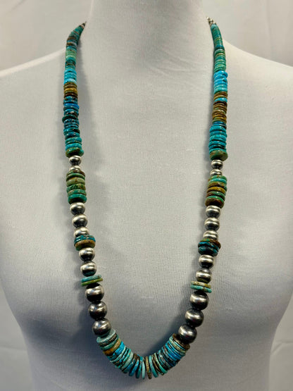 Kingman Turquoise Disc & Sterling Pearl Necklace