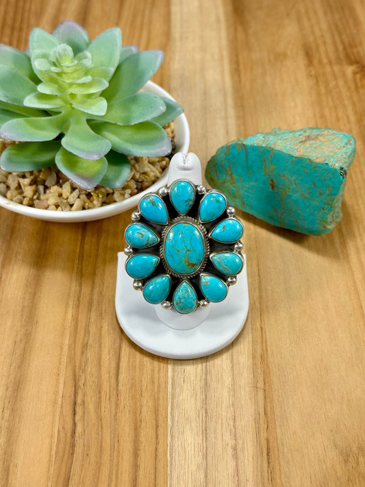 Kingman Turquoise Floral Cluster Sterling Silver Ring
