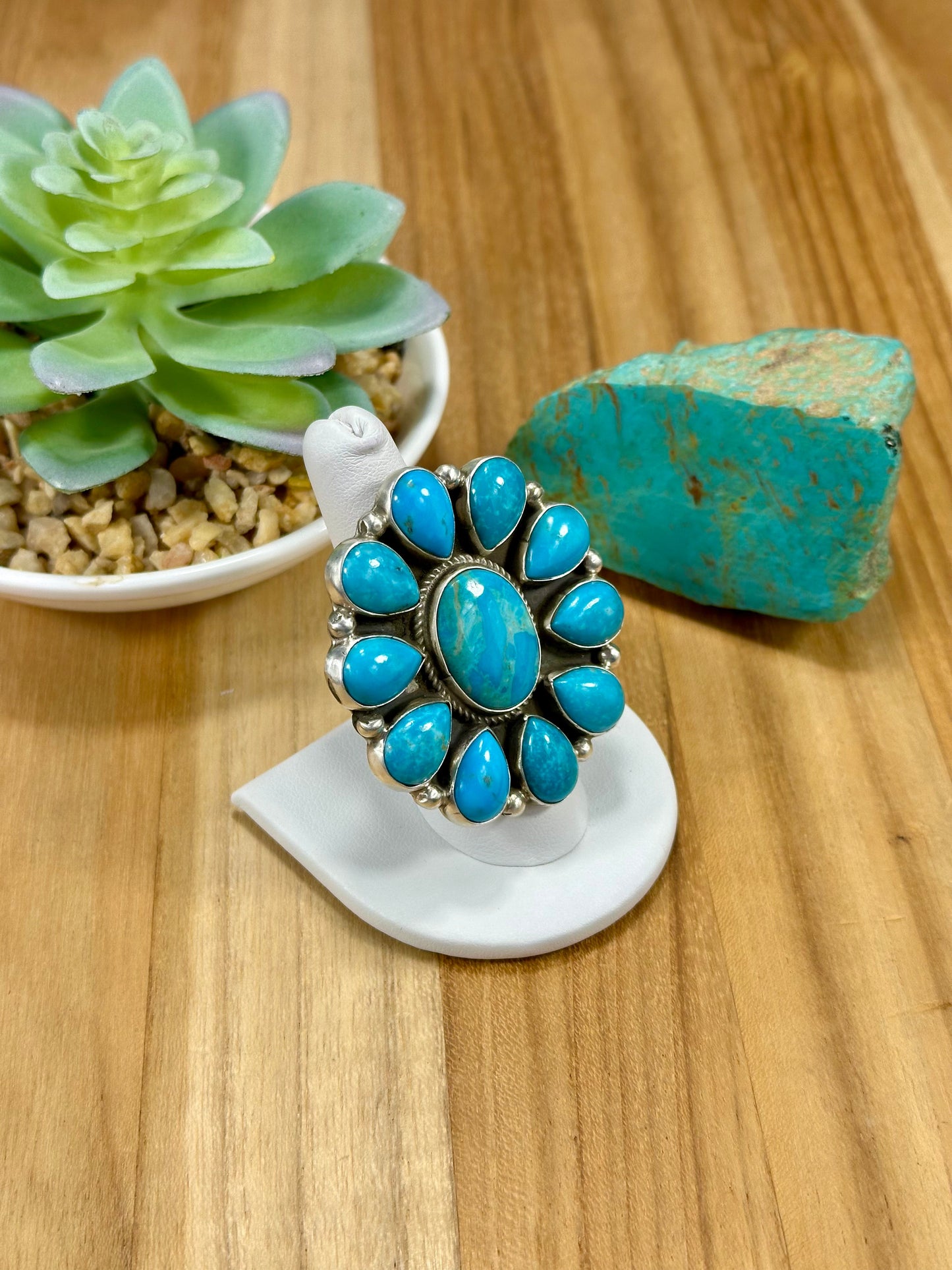 Kingman Turquoise Floral Cluster Sterling Silver Ring