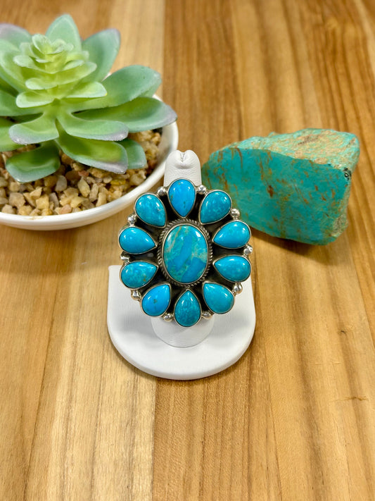 Kingman Turquoise Floral Cluster Sterling Silver Ring