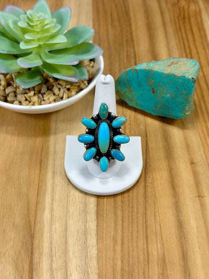 Kingman Turquoise Floral Cluster Sterling Silver Ring