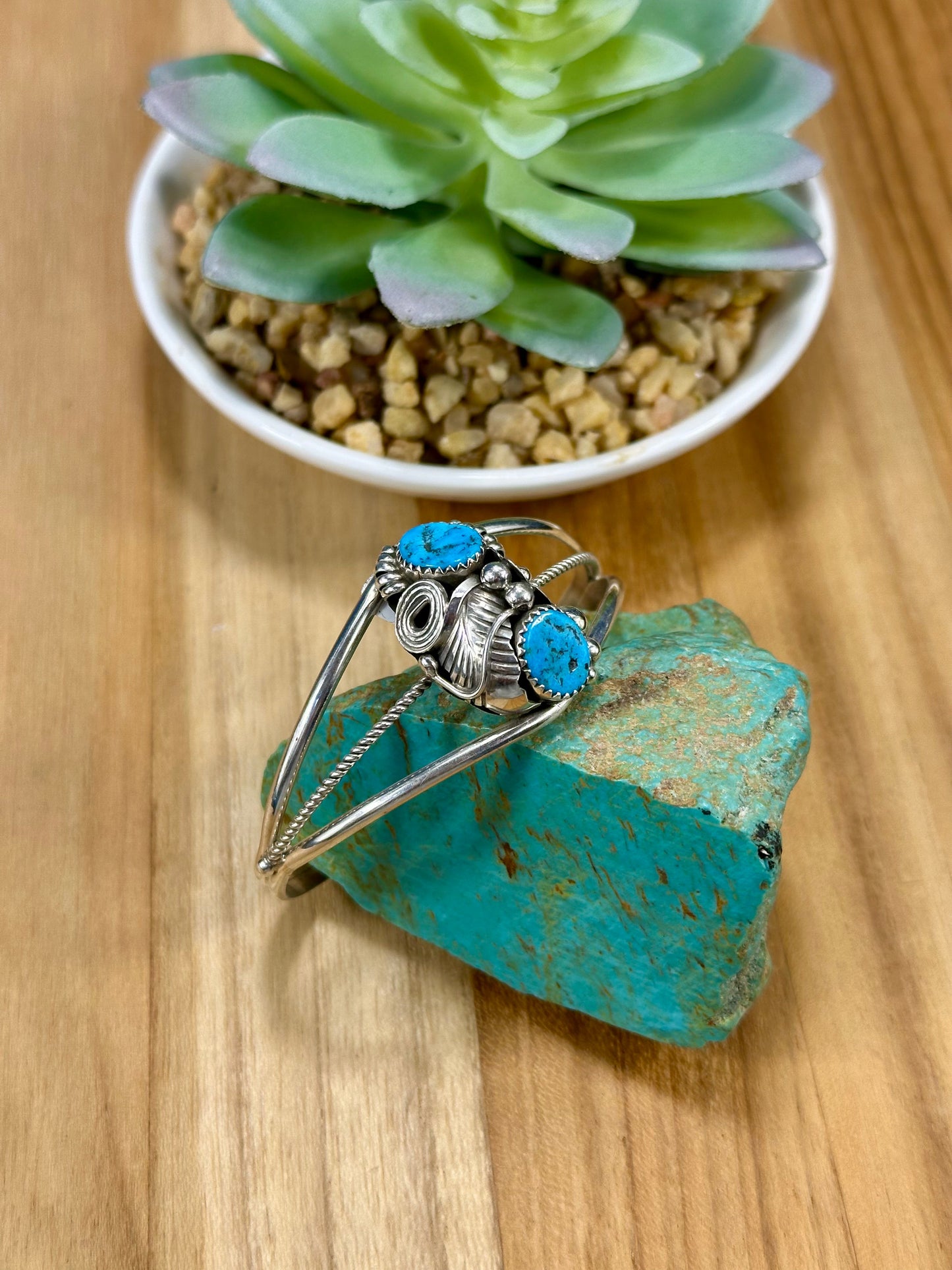 Kingman Turquoise 2 Stone Sterling Silver Cuff Bracelet