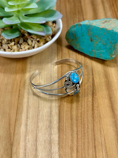Kingman Turquoise 2 Stone Sterling Silver Cuff Bracelet
