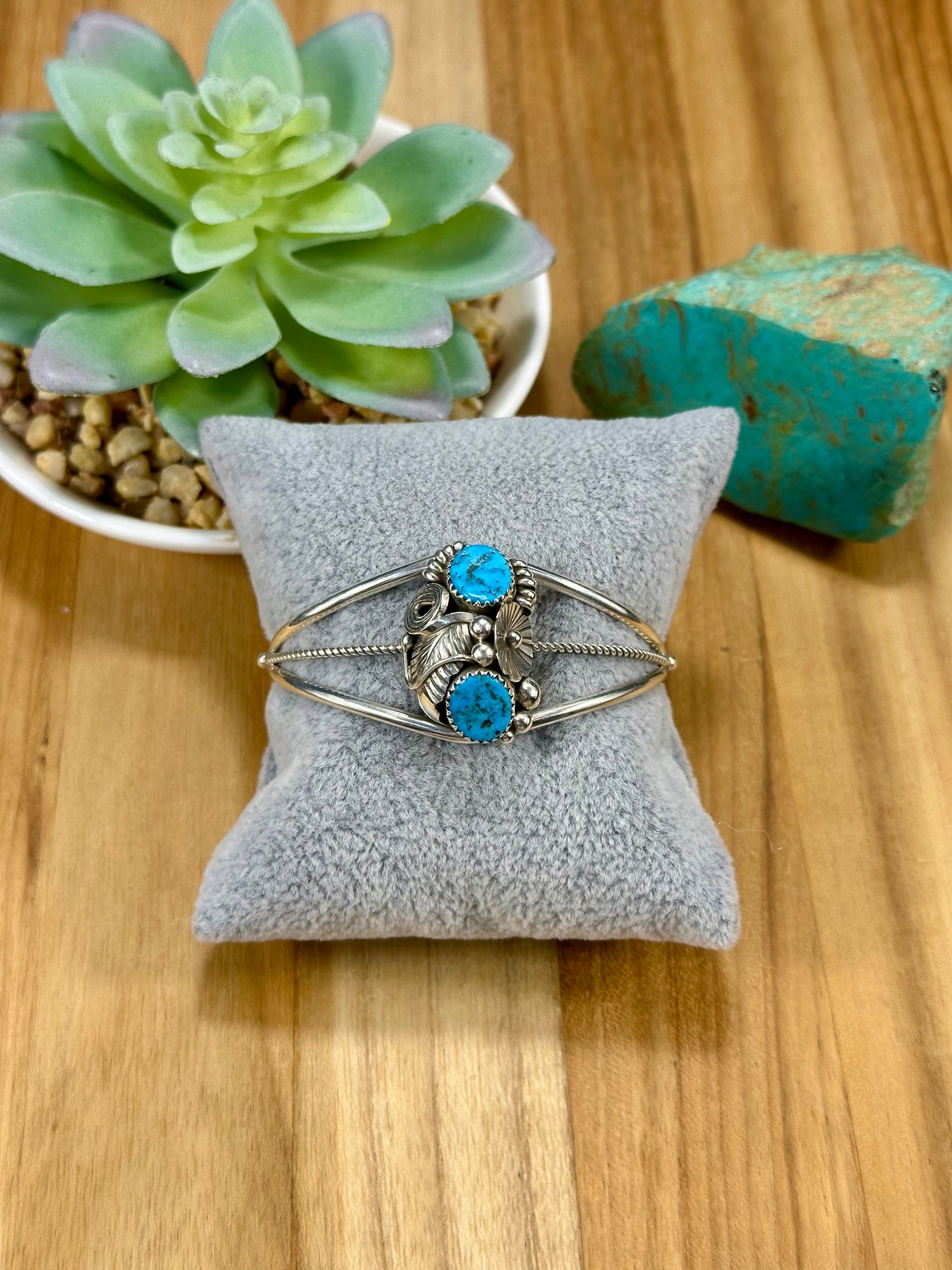 Kingman Turquoise 2 Stone Sterling Silver Cuff Bracelet