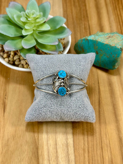 Kingman Turquoise 2 Stone Sterling Silver Cuff Bracelet