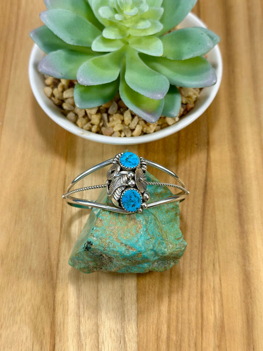 Kingman Turquoise 2 Stone Sterling Silver Cuff Bracelet