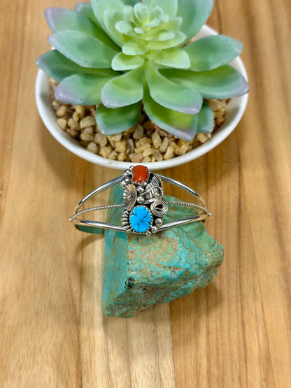 Kingman Turquoise & Coral Sterling Silver Cuff Bracelet