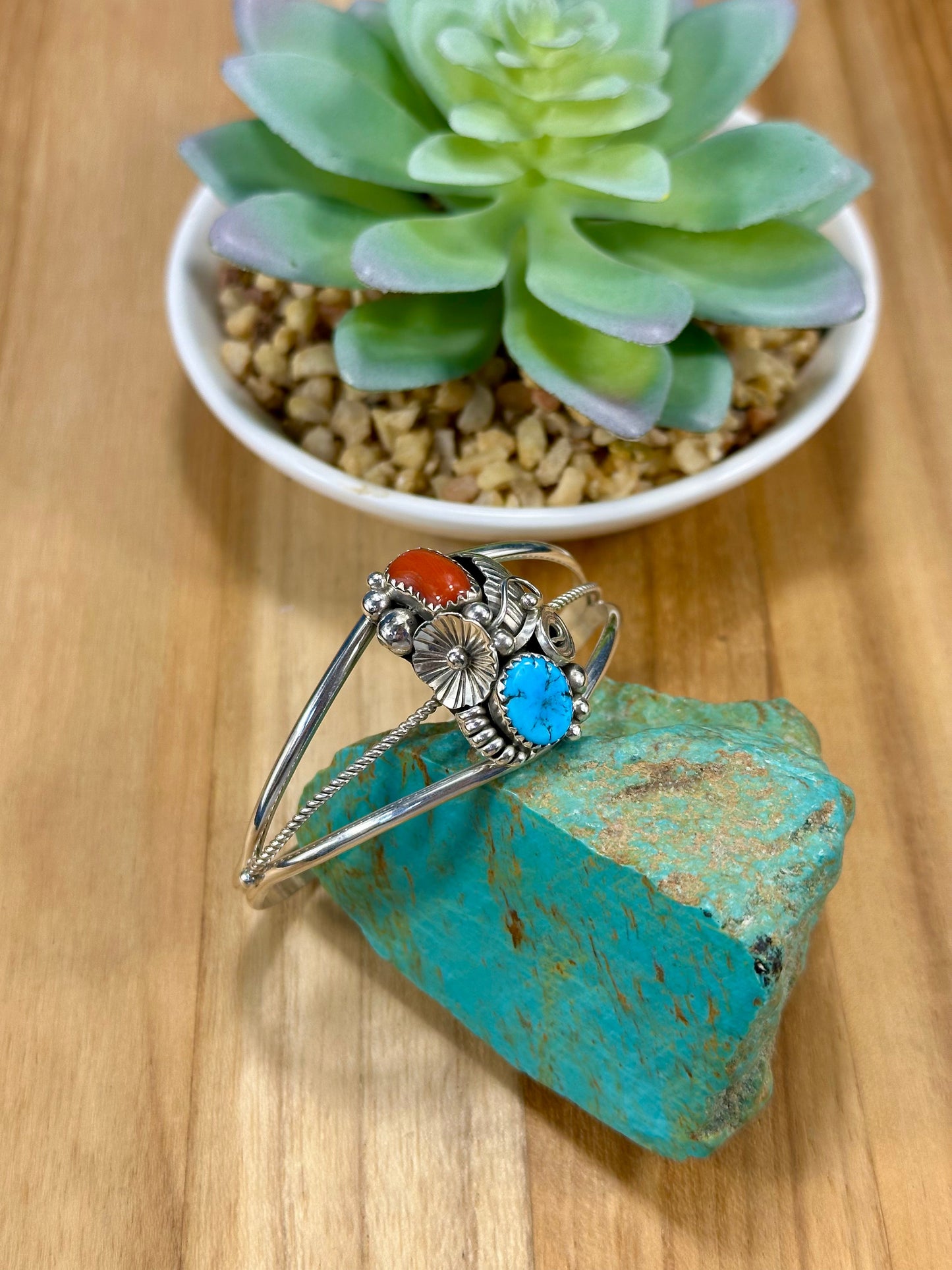 Kingman Turquoise & Coral Sterling Silver Cuff Bracelet