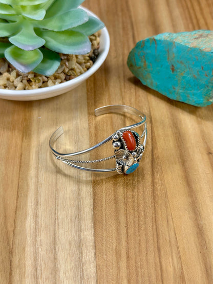 Kingman Turquoise & Coral Sterling Silver Cuff Bracelet