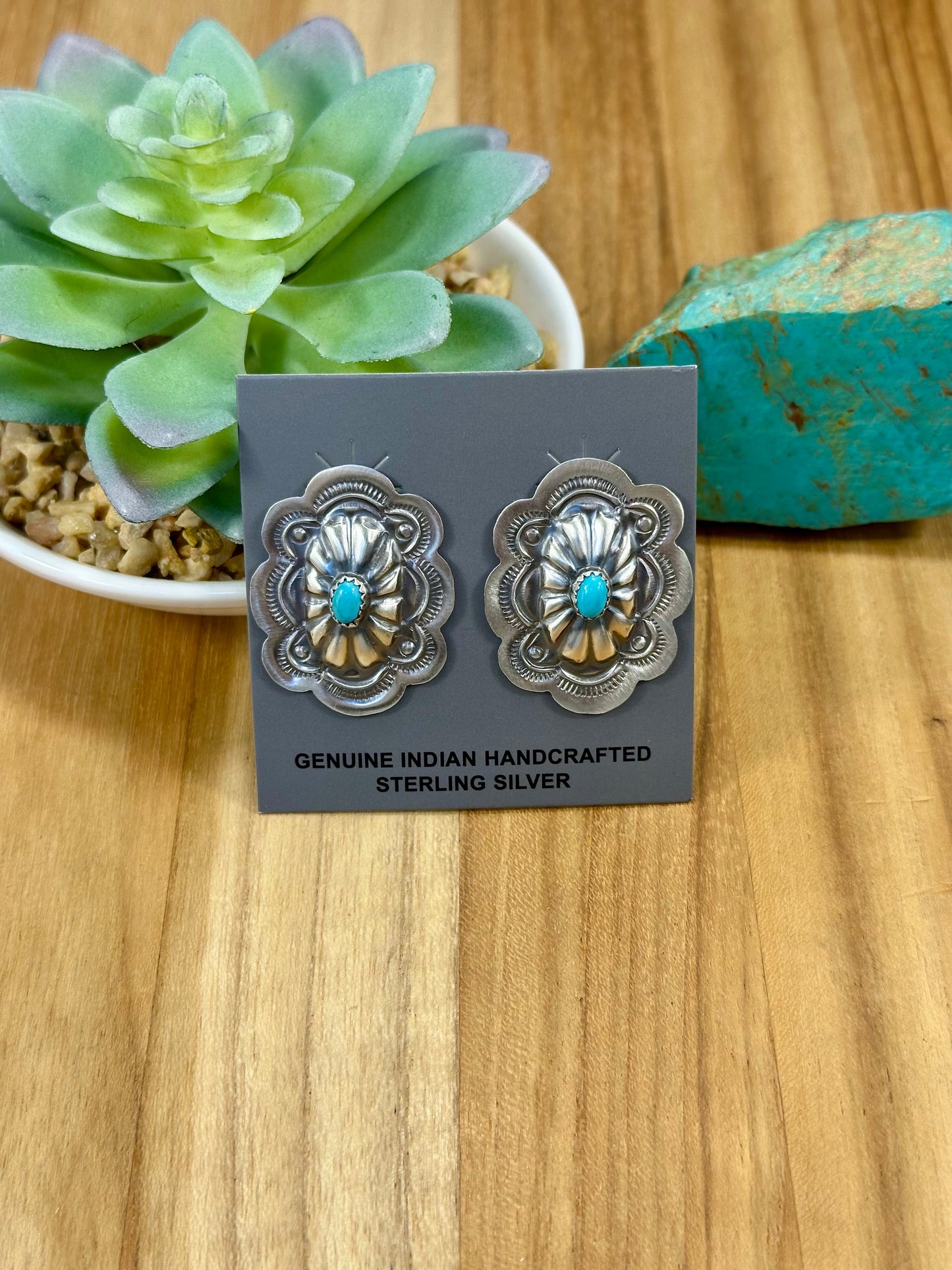 Kingman Turquoise Floral Stamped Sterling Silver Earrings