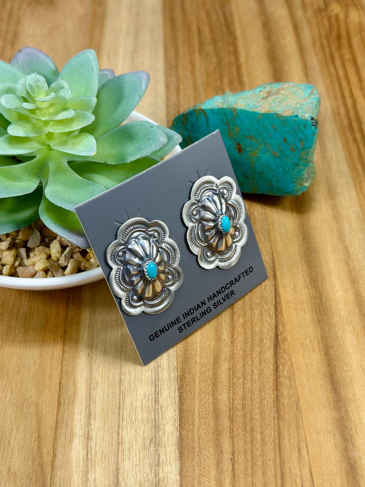 Kingman Turquoise Floral Stamped Sterling Silver Earrings