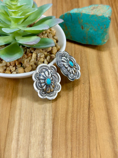 Kingman Turquoise Floral Stamped Sterling Silver Earrings