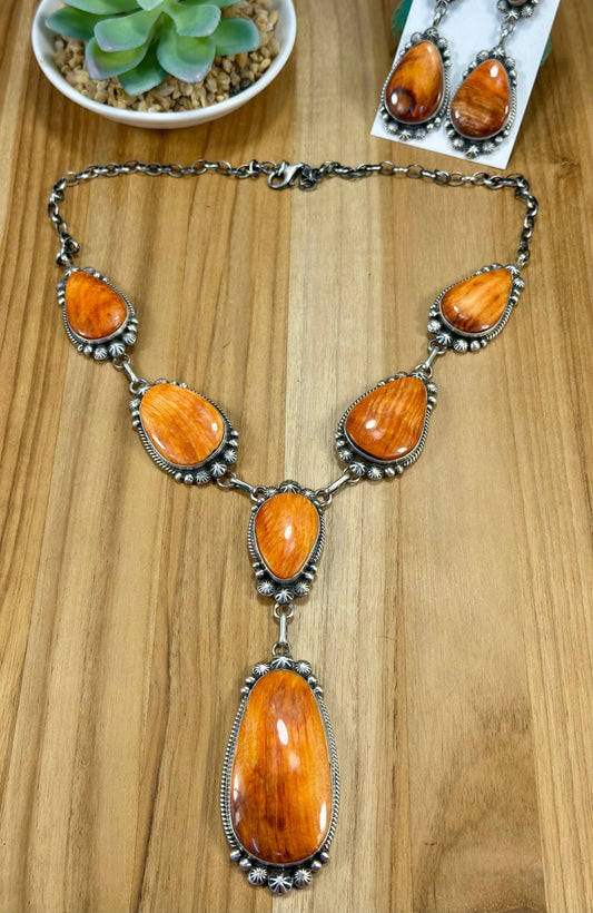 Orange Spiny Oyster Sterling Silver Lariat Necklace Set