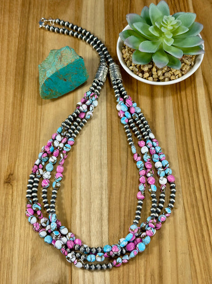 Sterling Pearl & Cotton Candy Bead Necklace