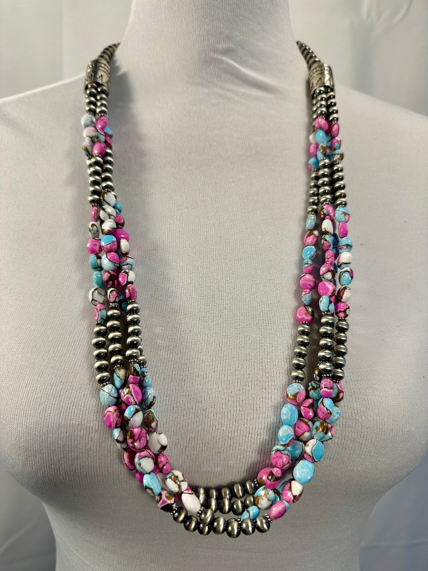 Sterling Pearl & Cotton Candy Bead Necklace