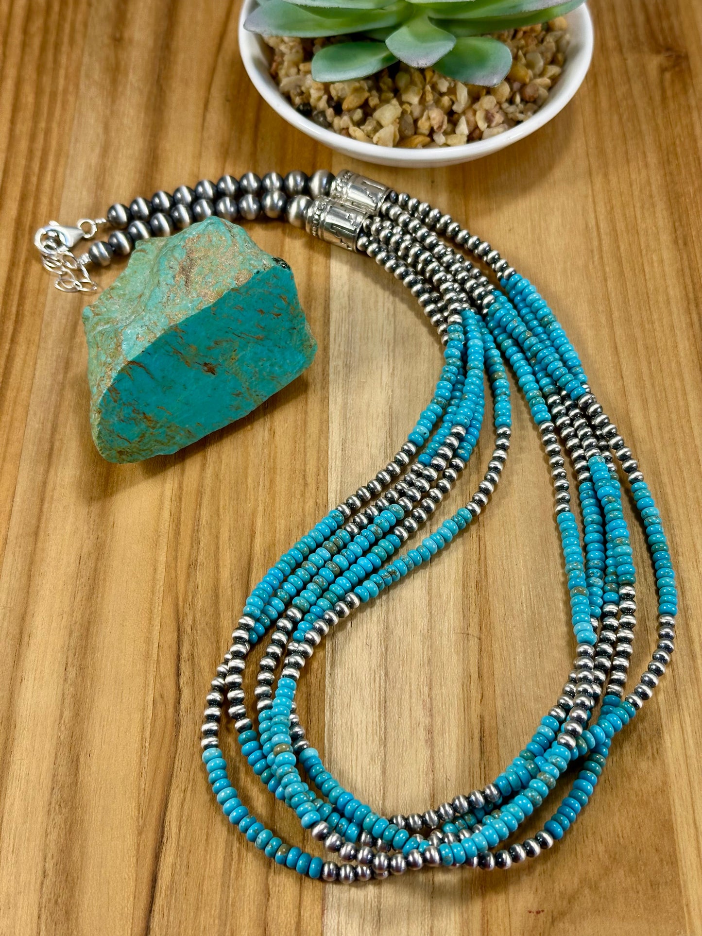 Kingman Turquoise 5 - Strand & Sterling Silver Necklace