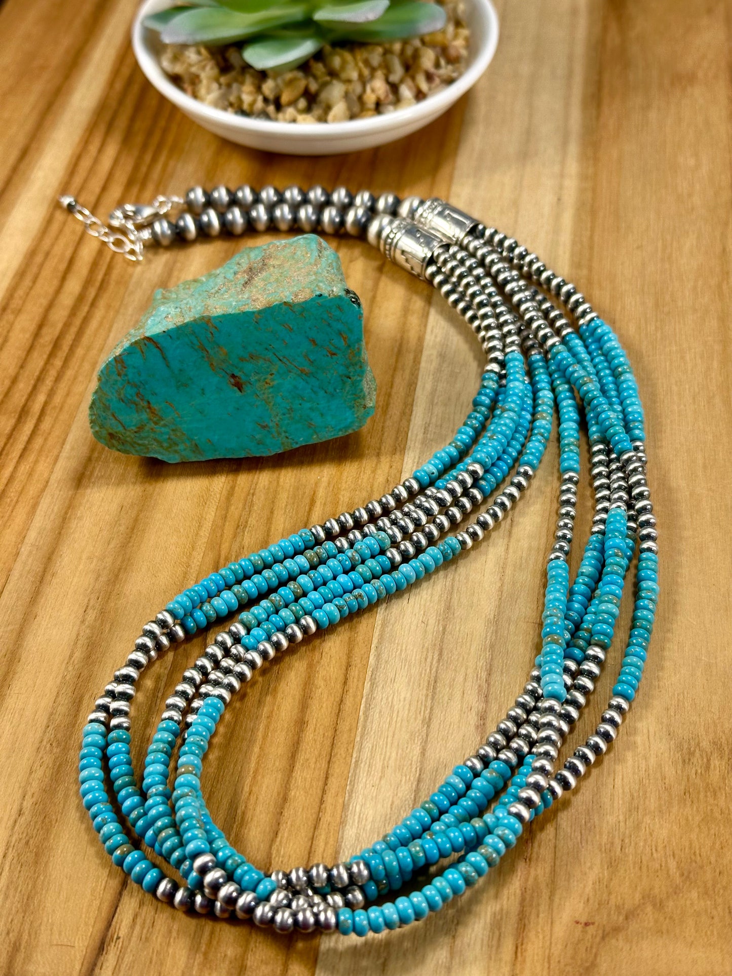 Kingman Turquoise 5 - Strand & Sterling Silver Necklace