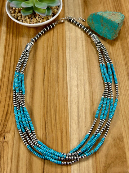 Kingman Turquoise 5 - Strand & Sterling Silver Necklace