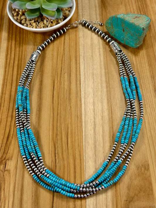 Kingman Turquoise 5 - Strand & Sterling Silver Necklace