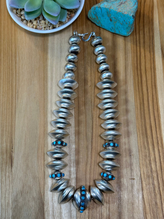 Handmade Sterling Silver Navajo Pearl Kingman Turquoise Necklace