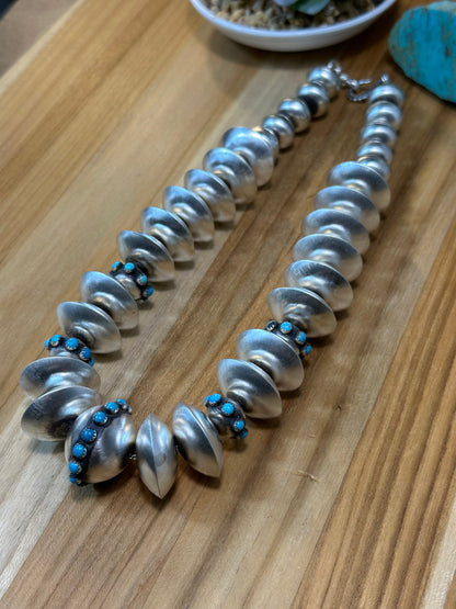Handmade Sterling Silver Navajo Pearl Kingman Turquoise Necklace