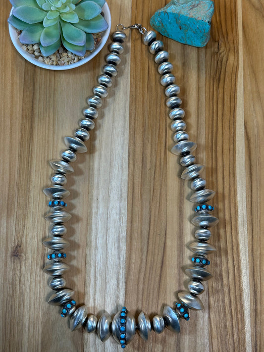 Handmade Sterling Silver Navajo Pearl and Kingman Turquoise Necklace