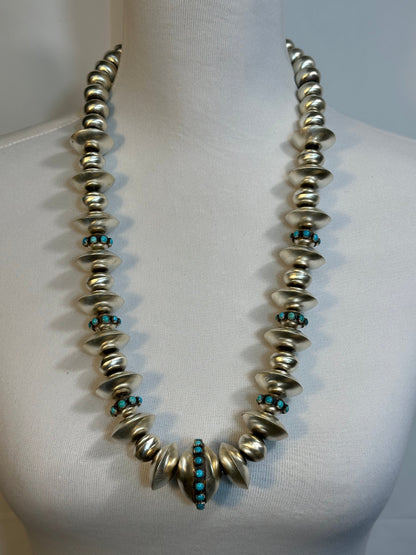 Handmade Sterling Silver Navajo Pearl and Kingman Turquoise Necklace