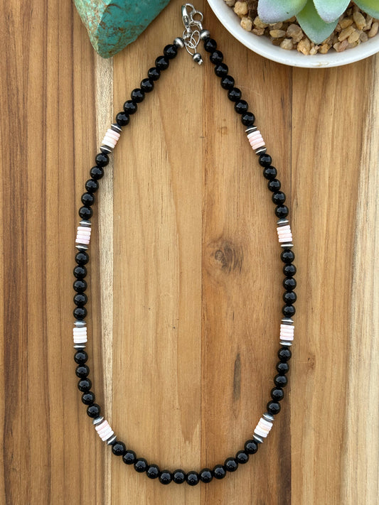 20" Black Onyx and Pink Conch Bead Necklace