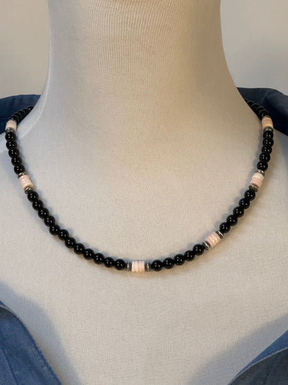 20" Black Onyx and Pink Conch Bead Necklace