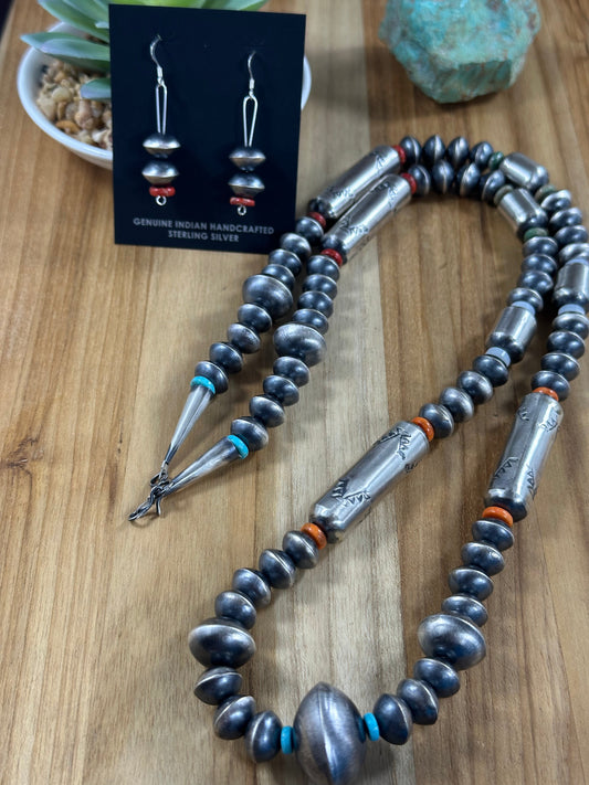 Multi Color Stones and  Navajo Pearl Necklace + Earrings
