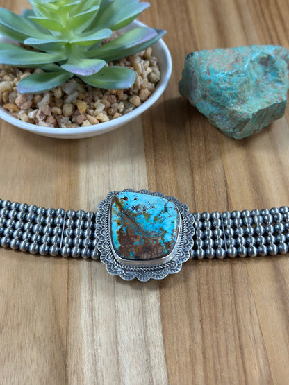 Single Stone 5 Strand Kingman Turquoise And Navajo Pearls Choker
