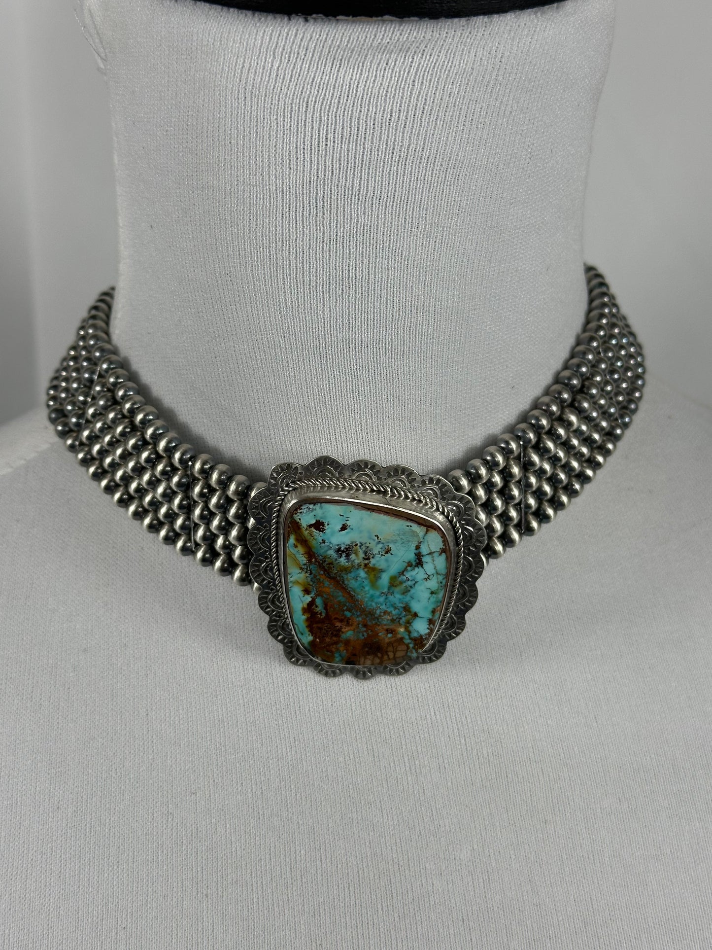 Single Stone 5 Strand Kingman Turquoise And Navajo Pearls Choker