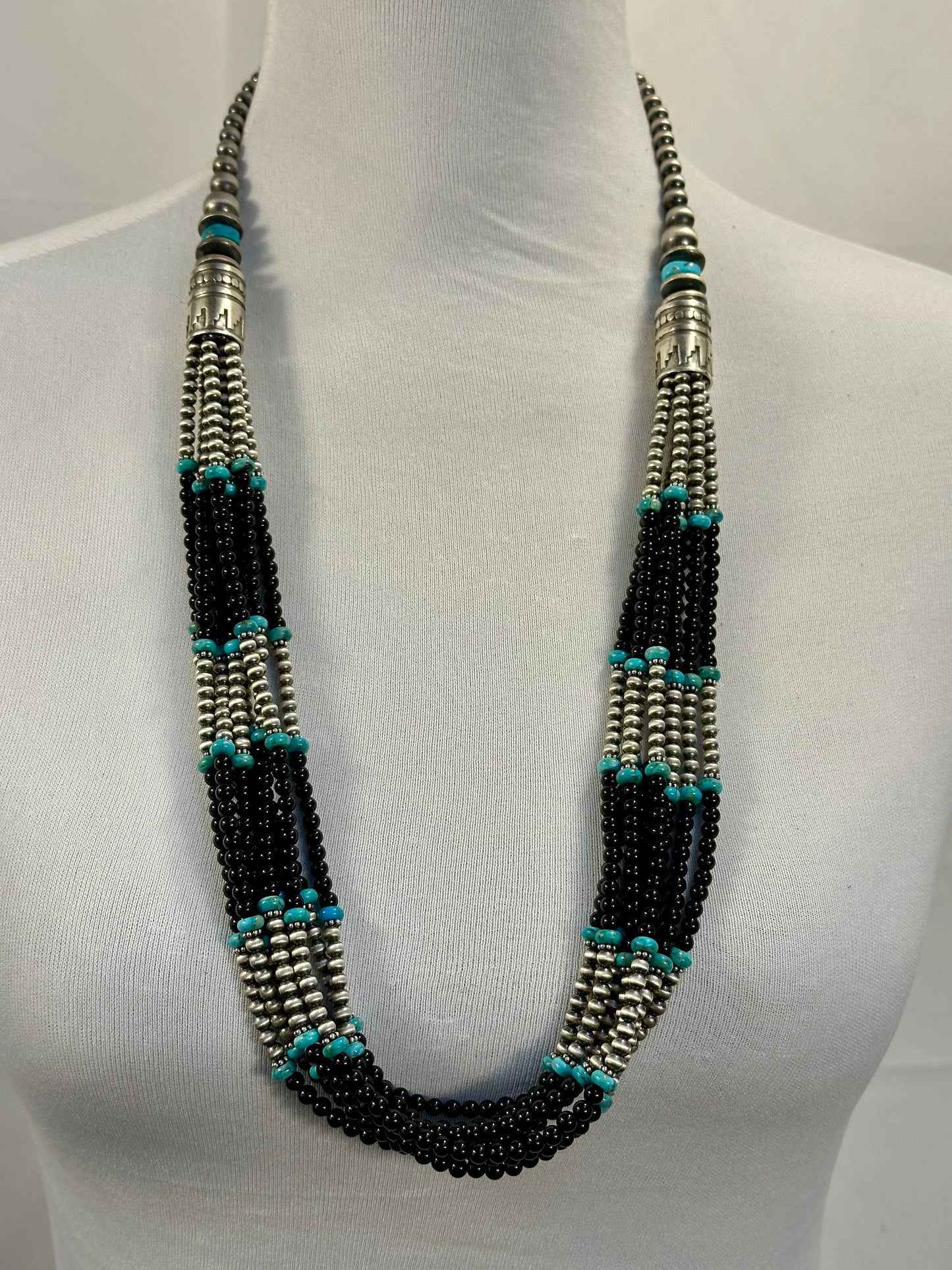 7 - Strand Black Onyx & Kingman Bead Necklace