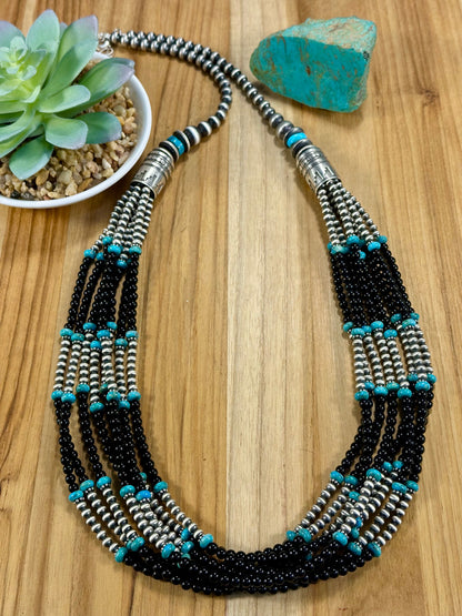 7 - Strand Black Onyx & Kingman Bead Necklace