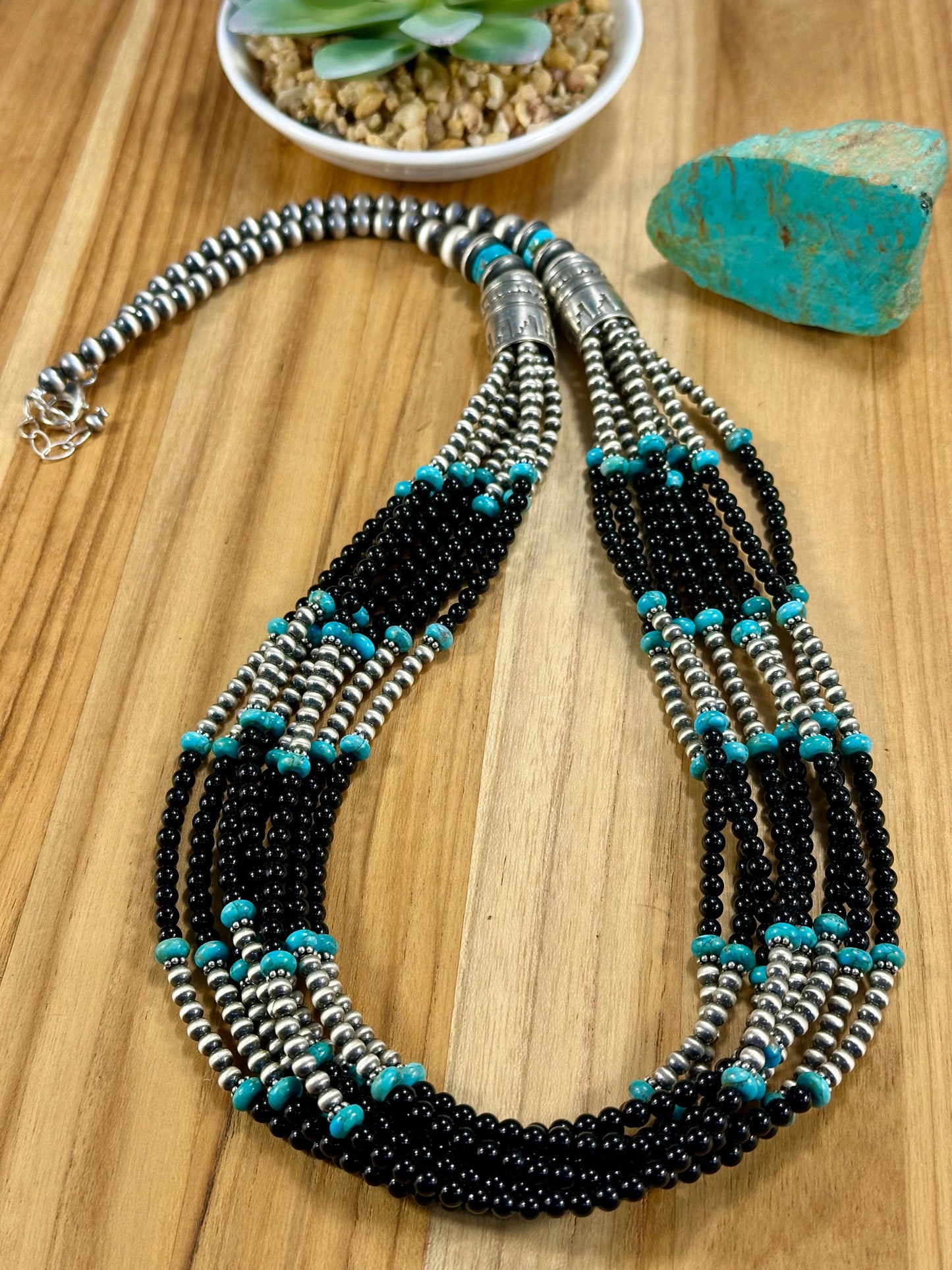 7 - Strand Black Onyx & Kingman Bead Necklace