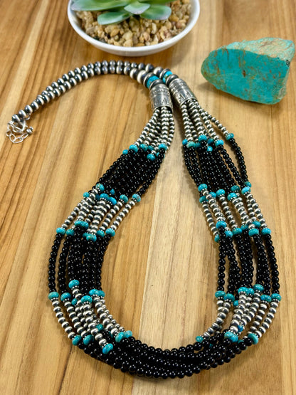7 - Strand Black Onyx & Kingman Bead Necklace