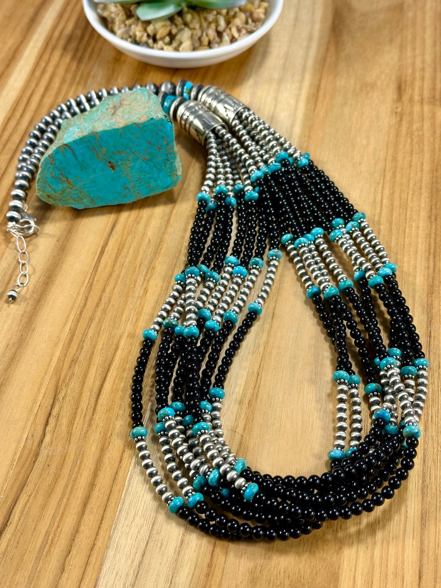 7 - Strand Black Onyx & Kingman Bead Necklace