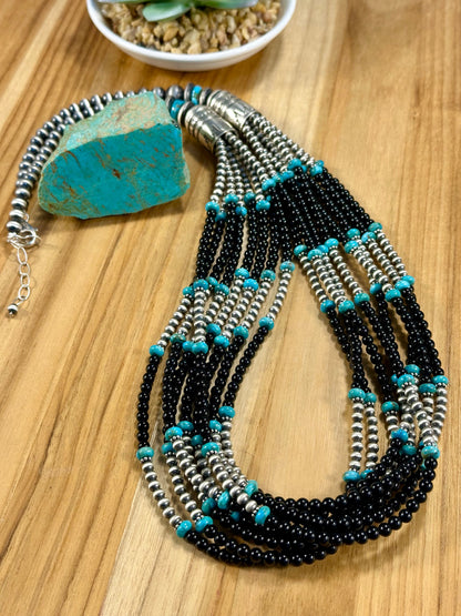 7 - Strand Black Onyx & Kingman Bead Necklace